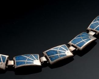 Teme Navajo Sterling Silver Lapis Panel Bracelet  Native American 	7.25in Long x .5in w	

