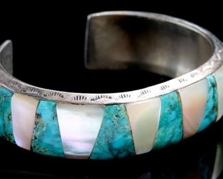 Native American Silver, Turquoise and Motor of Pearl Cuff Bracelet 	Size: 6.25in Width: 17mm W	
