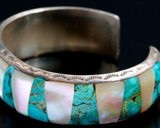 Native American Silver, Turquoise and Motor of Pearl Cuff Bracelet 	Size: 6.25in Width: 17mm W	
