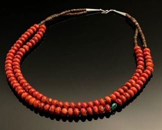 Native American Coral Beaded Heishi Double Strand Necklace	28in Long 	

