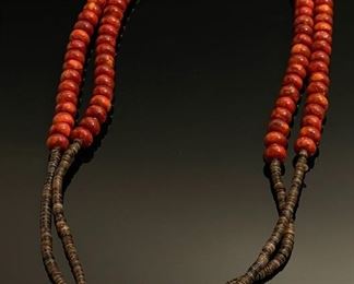 Native American Coral Beaded Heishi Double Strand Necklace	28in Long 	
