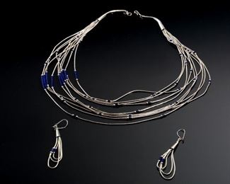 Native American Liquid Silver Strand & Lapis Choker Necklace & Earrings 10 Strand 	16in Long 	
