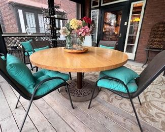 NICE ROUND BUTCHER BLOCK TABLE ON IRON BASE