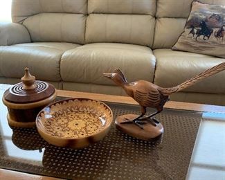 Vintage End Table w Glass Enclosed Caning (pr) and Matching Coffee Table, Table Lamp (pr), Leather Sofa and Loveseat