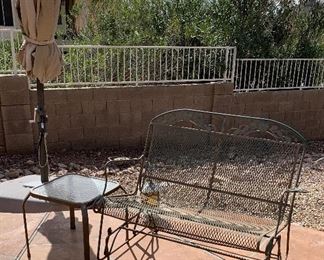 Vintage Wrought Iron Glider , Side Table, Cantilever Umbrella