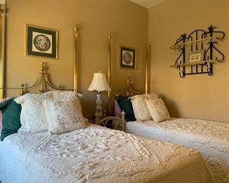 Vintage/Antique Twin Brass Beds, Art, Linens