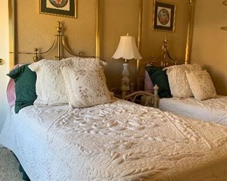 Vintage/Antique Twin Brass Beds, Art, Linens