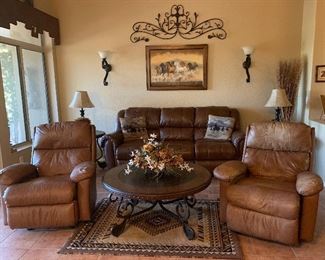 Leather Sofa, 2 Leather Reclining Rockers, Ashley Coffee Table w 2 Matching End Tables, Table Lamps, Rug, Throw Pillows