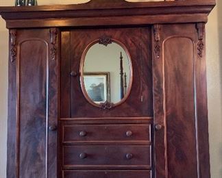 Antique Wardrobe, Mantle Clock, Mirror