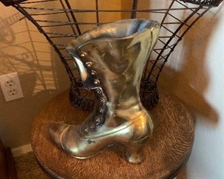 Antique Piano Stool, Brass Shoes, Basket w Handle