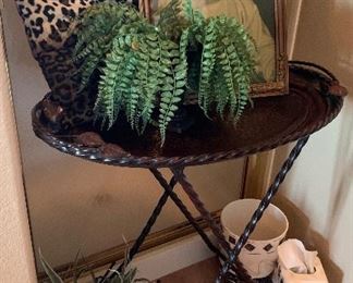 Antique Framed Photo, Collapsible Metal Tray, Silk Plants, Tissue Holder and matching Waste Basket