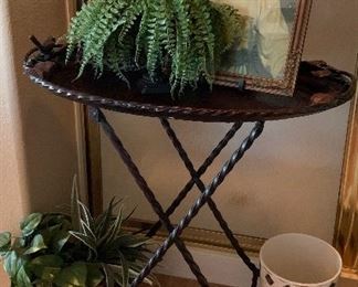 Antique Framed Photo, Collapsible Metal Tray, Silk Plants, Tissue Holder and matching Waste Basket