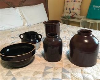 Pottery Crocks and Bowl