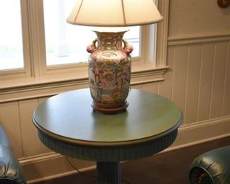 Rose Medallion style lamp and green wicker base table