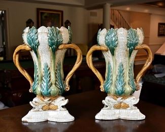 Majolica style pair/2 vases 