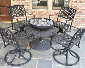 Just in time for SPRING! This perfect outdoor table with four chairs, fire pit