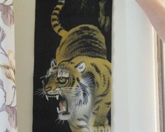 Japanese Silk Painting Tiger - damaged and in delicate condition.