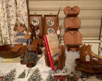 Sample of Wood Crafts and items. Cherry bowl, Hawaiian bookends, and more.
