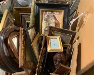 Frames, lots of sizes, gold frames, wood frames, books