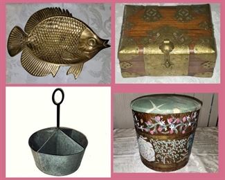 Brass Fish, Small Jewelry Box, Divided Container and Painted Bucket 