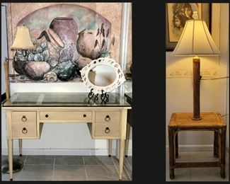 Cute Desk; Top has a Pineapple Motif and Vintage Table Lamp  