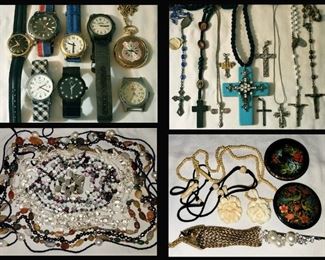 Small Sample of the Large Selection of Watches, Good Collection of Crosses and Rosaries, Lots of Beaded Necklaces, German Flower Pendants and Painted Enamel Brooches 