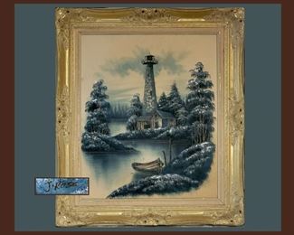 Lighthouse Oil Painting Signed J. Rose 