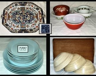 Pretty Platter, Pyrex Bowls, Handsome Dishes, Wooden Tray and Faux Bamboo Bowls 