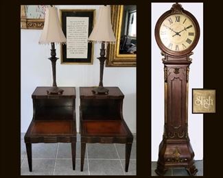 Vintage Pair of End Tables, Pair of Matching Lamps and Decorative Tall Sligh Clock
