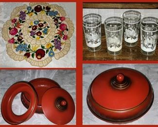 Pretty Dollie, Small Example of the Lovely Linens Available, Vintage Glassware and Vintage Metal Sewing Box