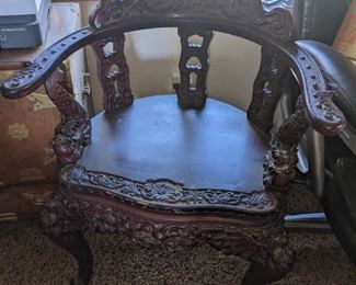 Orienal revival chair 1870 $750 Chair Revival oriental desin and style heavily carved birds dogs floral refinished and rebuilt 1940s ca 1870 30 x 17d 22w