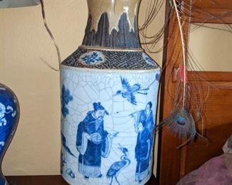 Asian vase $2,400 ca19th century Oriental Blueware vase 24"g x 8 1/2 oriental genre animals birds bottom signed