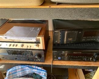 Sony CD changer with remote,  vintage Panasonic tuner, Yamaha multimedia receiver with phono inputs and remote,  Sony receiver with remote 