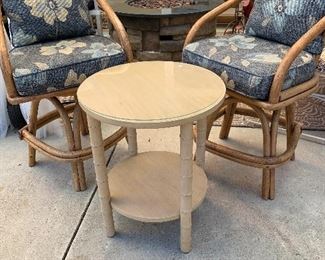 Rattan swivel tiki bar stools and bamboo style table with glass top