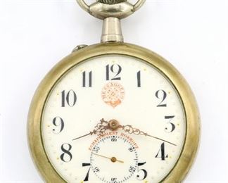 A Roskoph oversized Pocket watch.  66 mm, SW, Pin Set, Nickeled OF, Porcelain dial with Arabic numerals and fancy filigree hands.  Some case wear, winds, sets and running when cataloged.  ESTIMATE $100-150