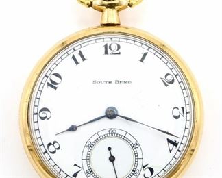 A South Bend Model 429 Pocket watch.  12 size, 19 j, Adj Temp & 4 pos, DR, DMK, SW, PS, GF with engraved presentation inside rear cover, OF, Porcelain SSD with Arabic numerals marked "South Bend".  Serial #810874.  Some case wear, dial hairlines, winds, sets and running when cataloged.  ESTIMATE $100-200