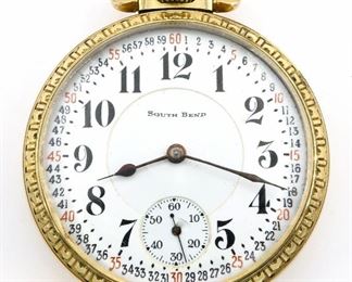A South Bend "The Studebaker" No. 229 Model Railroad watch.  16 size, 21 j, Adj Temp & 5 pos, DR, DMK, GJS, SW, LS, Keystone GF, OF, "Montgomery" Porcelain DSD with Arabic numerals marked "South Bend".  Serial #643298.  Minor wear, shallow dent in rear cover, dial flake at seconds arbor, winds, sets and running when cataloged.  ESTIMATE $800-1,200