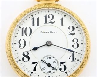 A South Bend No. 227 Model Railroad watch.  16 size, 21 j, Adj Temp & 5 pos, DR, DMK, SW, LS, Engraved Star GF, OF, Porcelain DSD with Arabic numerals marked "South Bend".  Serial #1132210.  Minor wear, shallow dent in rear cover, dial flake at seconds arbor, winds, sets and running when cataloged.  ESTIMATE $200-300
