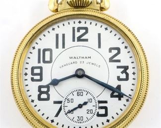 A Waltham "Vanguard" Model Railroad watch.  16 size, 23 j, Adj Temp & 6 pos, DR, DMK, SW, LS, Star GF, OF, Porcelain SSD with Arabic numerals marked "Waltham, Vanguard 23 Jewels".  Serial #33307364.  Minor wear, winds, and running when cataloged.  ESTIMATE $200-300