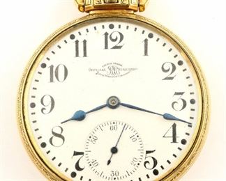A Ball/Waltham "Official Railroad Standard" Model Railroad watch.  16 size, 21 j, Adj Temp & 5 pos, DR, DMK, SW, LS, Keystone "Ball, Official RR Standard" GF, OF, Porcelain SSD with Arabic numerals marked "Ball, Official RR Standard...".  Serial #B256249.  Case wear, winds, and running when cataloged.  ESTIMATE $400-600