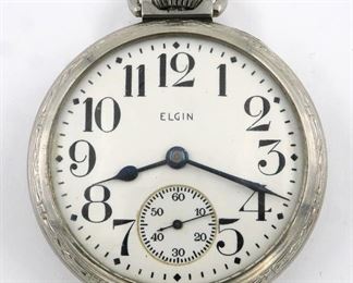 An Elgin "B. W. Raymond" Model Railroad watch.  16 size, 21 j, Adj Temp & 5 pos, DR, DMK, GJS, SW, LS, Keystone Base Metal, OF, Porcelain SSD with Arabic numerals  marked "Elgin".  Serial #16136918.  Some wear, winds, sets and running when cataloged.  ESTIMATE $200-300