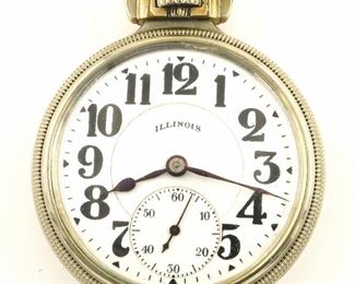 An Illinois "Bunn Special" Model Railroad watch.  16 size, 21 j, Adj Temp & 6 pos, DR, DMK, SW, LS, Keystone Nickel, OF, Porcelain DSD with Arabic numerals marked "Illinois".  Serial #4406110.  Minor wear, winds, sets and running when cataloged.  ESTIMATE $400-600