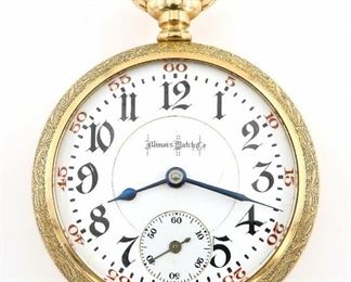 An Illinois "Bunn Special" Model Railroad watch.  18 size, 21 j, Adj Temp & 6 pos, DR, DMK, GJS, SW, LS, Engraved Fahys GF, OF, Porcelain DSD with Arabic numerals marked "Illinois Watch Co.".  Serial #1769456.  Some wear, dial hairlines, tiny repair at 2:00, winds, sets and running when cataloged.  ESTIMATE $300-400