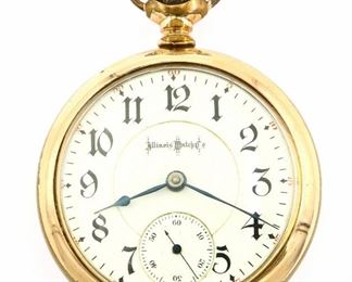 An Illinois "Bunn Special" Model Railroad watch.  18 size, 21 j, Adj Temp & 6 pos, Two Tone DMK, GJS, SW, LS, Wadsworth "Pilot" GF, OF, Porcelain DSD with Arabic numerals marked "Illinois Watch Co.".  Serial #1411744.  Case wear, dial hairlines, winds, sets and running when cataloged.  ESTIMATE $200-300