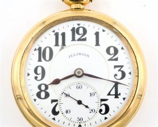 An Illinois "Bunn Special" Model Railroad watch.  16 size, 21 j, Swing Out movement, Adj Temp & 6 pos, DMK, SW, LS, Philadelphia GF, OF, Porcelain DSD with Arabic numerals marked "Illinois".  Serial #4022987.  Some wear, dial hairlines, chip at 11:00, winds, sets and running when cataloged.  ESTIMATE $200-300