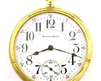 A South Bend "The Studebaker" No. 223 Model Railroad watch.  16 size, 21 j, Adj Temp & 5 pos, DR, DMK, GJS, SW, LS, Recased Fahys GF, OF, Porcelain DSD with Arabic numerals.  Serial #578070.  Case wear, dial hairlines, winds, sets and running when cataloged.  ESTIMATE $600-800