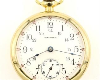A Waltham "P. S. Bartlett" Model Pocket watch.  18 size, 17 j, Adj, SW, PS, Engraved Monitor GF, OF, Porcelain 24 hr DSD with Arabic numerals marked "Waltham".  Serial #17055224.  Very clean, slight wear, winds, sets and running when cataloged.  ESTIMATE $200-300