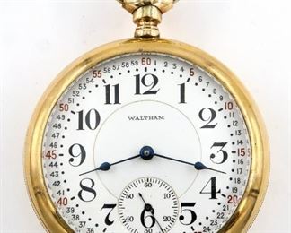 A Waltham 845 Model Railroad watch.  18 size, 21 j, Adj Temp & 5 pos, DR, DMK, GJS, SW, LS, Fahys GF w/Locomotive on rear cover, OF, "Montgomery" Porcelain DSD w/Arabic numerals marked "Waltham".  Serial #19123784.  Minor wear, faint dial hairline, winds, sets and running when cataloged.  ESTIMATE $200-300