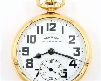 A Hamilton 992B Model Railroad watch.  16 size, 21 j, Adj Temp & 6 pos, DMK, SW, LS, Keystone GF, OF, Porcelain DSD with Arabic numerals marked "Hamilton Railway Special".  Serial #C138862.  Minor wear, winds, sets and running when cataloged.  ESTIMATE $200-300