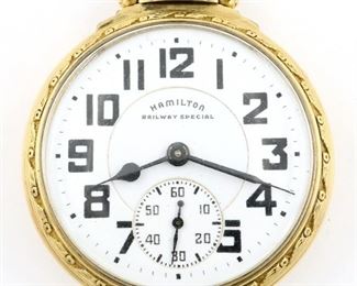 A Hamilton 992B Model Railroad watch.  16 size, 21 j, Adj Temp & 6 pos, DMK, SW, LS, Hamilton GF, OF, Porcelain DSD with Arabic numerals marked "Hamilton Railway Special".  Serial #C122108.  Minor wear, winds, sets and running when cataloged.  ESTIMATE $200-300